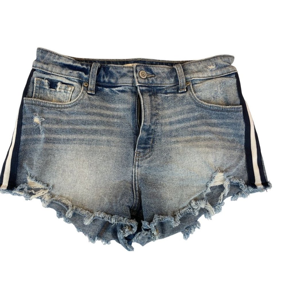 Hazel Eunina Womens Lulu High Rise Cut Off Shortie Raw Hem Cotton Blue SZ Medium